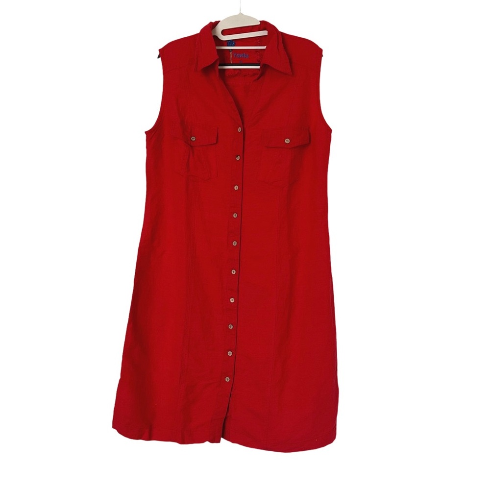 Yuvita 100% Linen Button Down‎ Lagenlook Red Sleeveless Dress Medium